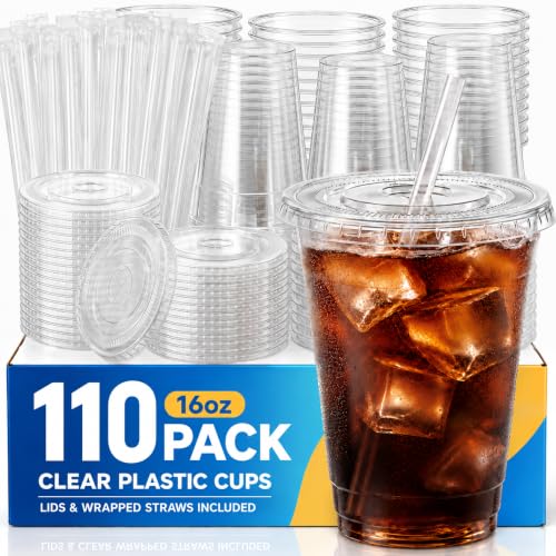 JYTHGPUC 110 Pack 16 oz Disposable Clear Plastic Cups with Lids and Straws